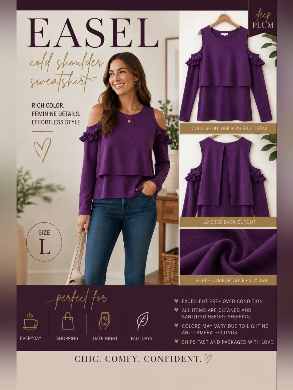 Easel Plum Cold Shoulder Sweatshirt Top Ruffle Cutout Back Layered Blouse Size L